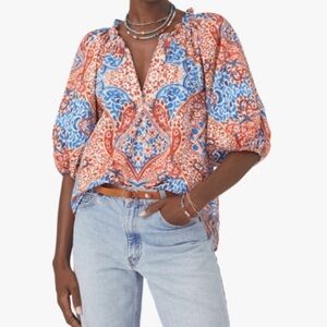 Xirena Jules Terra Mosaic Red Blue Print Puff Sleeve Popover Top Blouse Top
